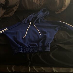 Blue Cropped Hoodie with White Stripes and Pants Set. Used Once.